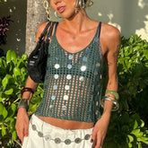 BXOXO Women's Knit Tank Tops with Sequin Summer Backless Sleeveless Spaghetti Strap Slim Fit Hollow Out Camisole Beach Coverup